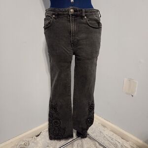Black Embroidered Eyelet Cropped Jeans Size 30